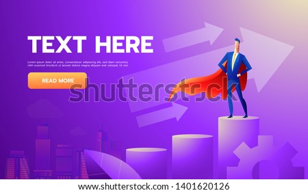 Super businessman or manager standing on the top of the graph. Superman high in the sky among the clouds. Vector, illustration EPS10. Start up Concept.