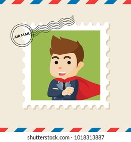 Super businessman postage stamp on air mail envelope