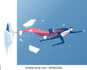 Super businessman punches the wall, employee superhero flying through the wall,  business concept power,  success and overcome difficulties