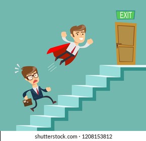 Super businessman in red cape flying pass another businessman climbing stairs. Business competition concept. Stock flat vector illustration.