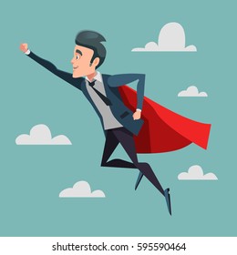 Super Businessman in Red Cape Flying to Success. Business Superhero. Vector illustration