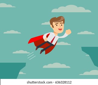 Super Businessman in Red Cape Flying to Success. Business Superhero. man flying across the cliff . Vector illustration