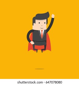Super businessman in red cape flying to success. Business concept. Flat cartoon style. Vector illustration.