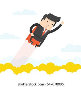 Super businessman in red cape flying to success. Business concept. Flat cartoon style. Vector illustration.