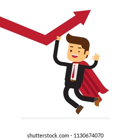 Super businessman in red cape help pushing arrow graph up