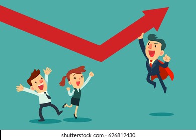 Super businessman in red cape help his team pushing arrow graph up. Business concept.