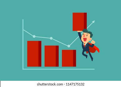 Super businessman in red cape lifting bar chart. Business concept.