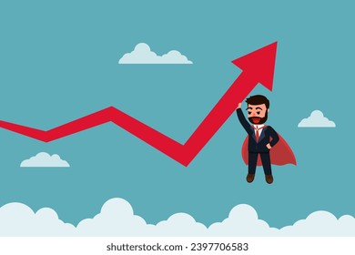 Superhombre de negocios con capa roja empujando hacia arriba el gráfico de flecha. El negocio del crecimiento de flecha. Concepto de negocio. Ilustración del vector