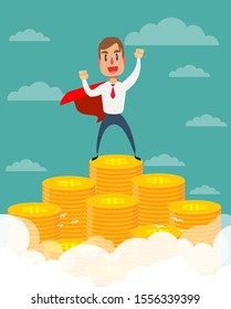 Super businessman in red cape stand on stacks of gold coins. Stock flat vector illustration.