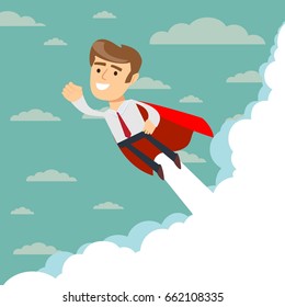 Super businessman in red capes flying upwards to his success. Stock vector illustration for poster, greeting card, website, ad, business presentation, advertisement design.