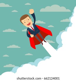 Super businessman in red capes flying upwards to his success. Stock vector illustration for poster, greeting card, website, ad, business presentation, advertisement design.