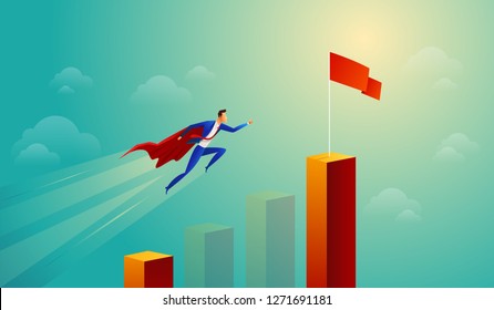 Super businessman in red jump bar chart flying to goal. Business concept.
