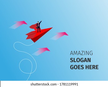 Super businessman ,red paper airplanes flying on blue sky and cloud.Paper art style of business success and leadership creative concept idea.Vector illustration 