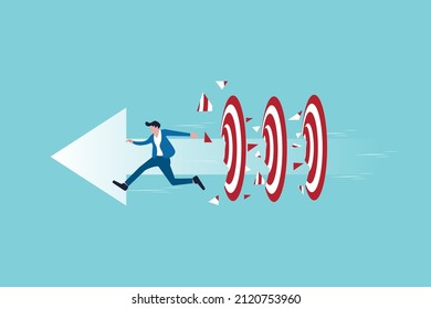 Super businessman running and breaking target archery to Successful vector. Business superhero rushing on the arrow to the target, business concept goal and success