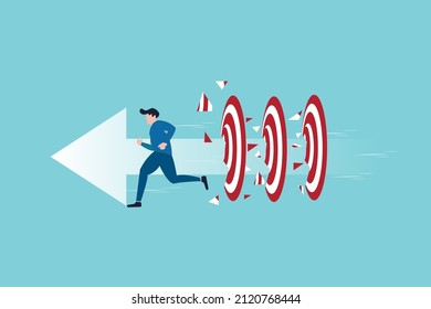 Super businessman running and breaking target archery to Successful vector. Business superhero rushing on the arrow to the target, business concept goal and success