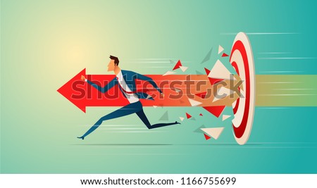 Super businessman running and breaking target archery to Successful vector. Business superhero rushing on the arrow to the target, business concept goal and success.