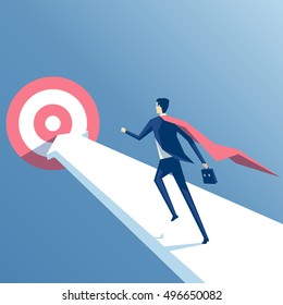 Super businessman running towards the goal, business superhero rushing on the arrow to the target, business concept goal and success