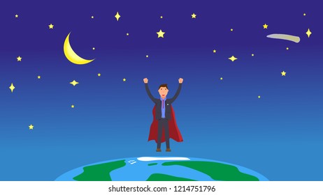 Super businessman in space over planet earth. Stars in universe and happy winner business man with raised hands up. Vector flat design. Man in suit and red cloak
on top of the world. Leadership