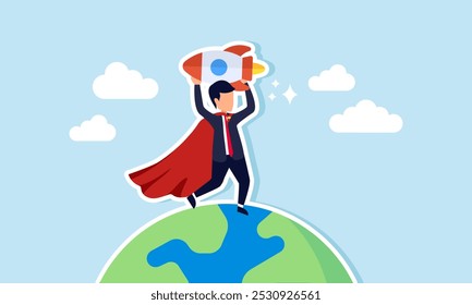 A super businessman standing on Earth while holding a rocket, illustration of a successful businessman elevating his startup's reputation globally  
