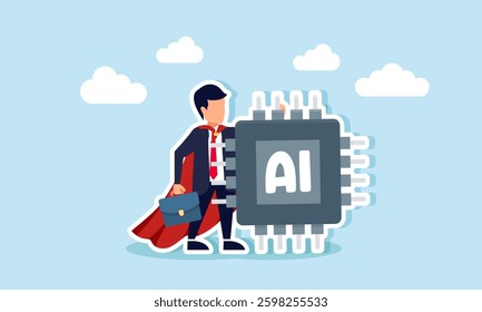 Super businessman stands holding an AI chip, illustration of a professional businessman capable of maximizing AI technology to enhance business performance