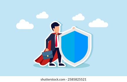 Super businessman stands holding a blue shield, illustration of the importance of insurance in all fields