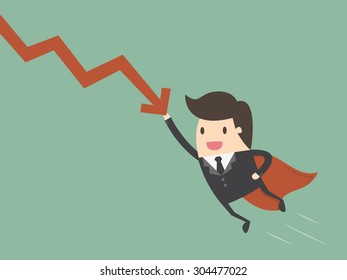 Super businessman stop the falling down chart. Business concept cartoon illustration