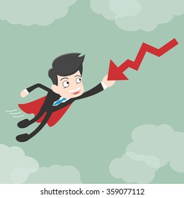 Super businessman stop the falling down chart. Business concept cartoon illustration