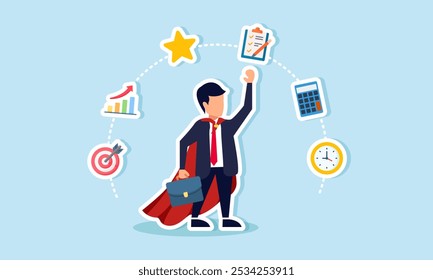 A super businessman is surrounded by items related to business management, illustrating how effective and efficient business management can boost performance