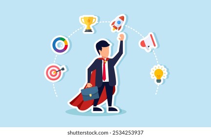 Um super empresário está rodeado de itens relacionados à gestão de marketing, ilustrando como a gestão de marketing eficaz e eficiente pode impulsionar o desempenho do negócio