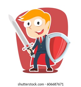 super businessman with sword and shield