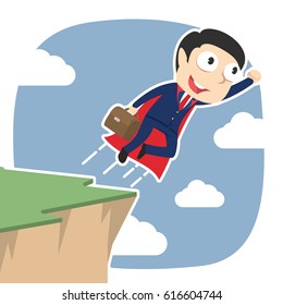 super businessman taking flight from cliff edge