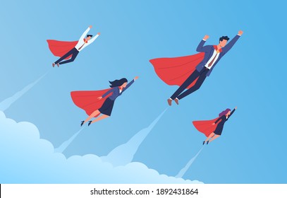 Super businessman team. Flying in blue sky men and women in flowing capes and suits, brave strong professionals group together moving up, successful startup, teamwork process. Vector cartoon concept