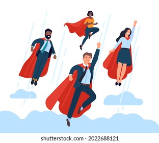 Super businessman team. Flying office employees team, hero poses and red capes, corporate interaction, successful work vector concept