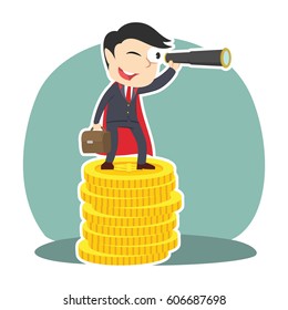 super businessman using binocular on top of coins