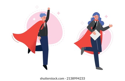 Super Businesspeople Character in Red Cape Running and Flying Vector Set