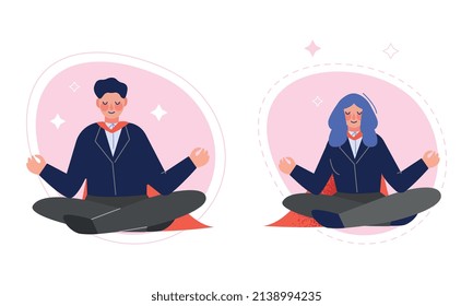 Super Businesspeople Character in Red Cape Meditating in Yoga Lotus Pose Vector Set
