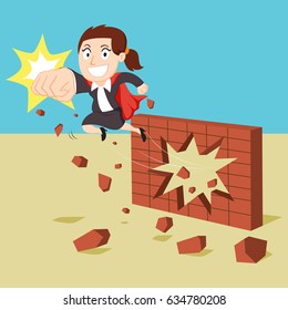 Super businesswoman breaking through brick wall barrier, vector illustration cartoon
