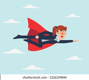 Super Businesswoman. Cartoon superhero flying with cape waving in the wind. Successful hero business woman. Success, leadership and victory in business vector concept