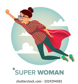 Super Businesswoman Character Vector. Achievement Victory Concept. Successful Superhero Business Woman Flying In Sky. Waving Red Cape. Isolated Flat Cartoon Illustration