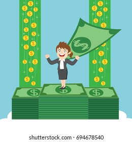 Super businesswoman getting a lot of money, illustration vector cartoon