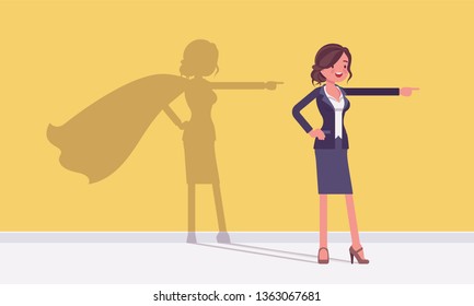 Super businesswoman in hero pose. Successful female manager admired for courage, outstanding business achievements with shadow waving cloak, excessive pride and self-satisfaction. Vector illustration