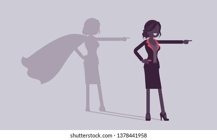 Super businesswoman in hero pose. Successful female manager admired for courage, outstanding business achievements, shadow cloak, pride, self-satisfaction. Vector illustration, faceless characters