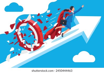 Super businesswoman running and breaking target. Business woman in suit with briefcase. Goal setting. Smart goal. Business target concept. Achievement and success. Vector illustration in flat style