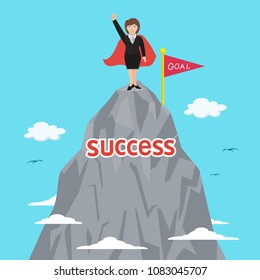 Super businesswoman standing on top of mountain, success concept money