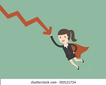 Super businesswoman stops the falling down chart. Business concept cartoon illustration