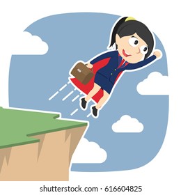 super businesswoman taking flight from cliff edge