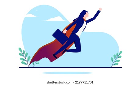 Super Businesswoman - Woman In Business And Finance Flying Confident With Superhero Cape Towards Success. Powerful And Strong Female Concept. Flat Design Vector Illustration With White Background