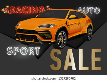 Super car design concept. Unique modern realistic art. Generic luxury automobile. Orange Car presentation side view. Rastr 3D illustration