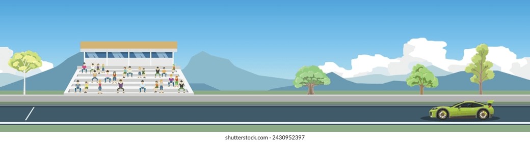 Super car with driving on race track for banner. Background of stadiums and cheerleaders. With background of mountain under blue sky and white clouds. Copy Space Flat Vector Illustration.