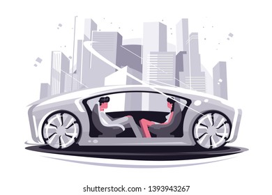 Super car of future vector illustration. Man and woman sitting opposite each other in modern smart automobile and communicating flat style concept. Autonomous vehicle self driving machine